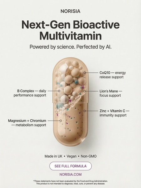 A high-clarity 3:4 aspect ratio ad showcasing the internal ingredients of a multivitamin capsule with specific benefit labels.
